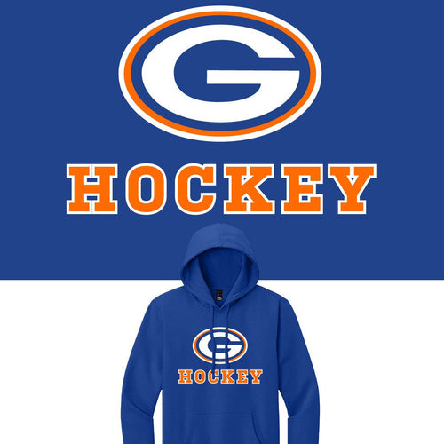 Blue hoodie with 'G' logo and 'HOCKEY' text on a blue background